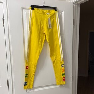 Adidas Women’s Human Race Yellow Athletic Leggings with Side Stripes